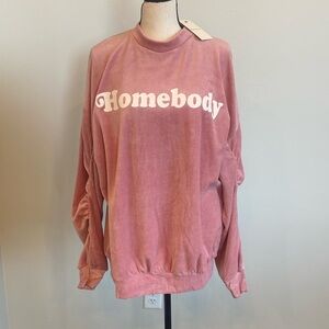 Andante USA Women’s Long Ruched Sleeve Pullover Graphic Sweater, “Homebody”, NWT